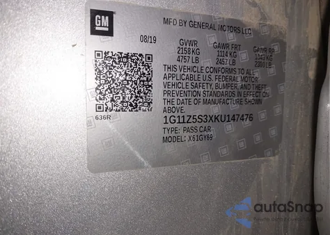 2019 Chevrolet Impala Lt z USA, uszkodzony, nr VIN 1G11Z5S3XKU147476